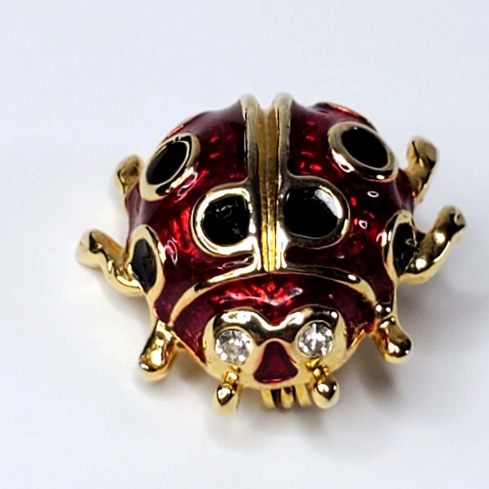 Small Ladybug Brooch Pin In Red & Gold With Rhinestone Eye 3/4 inch - Picture 3 of 10